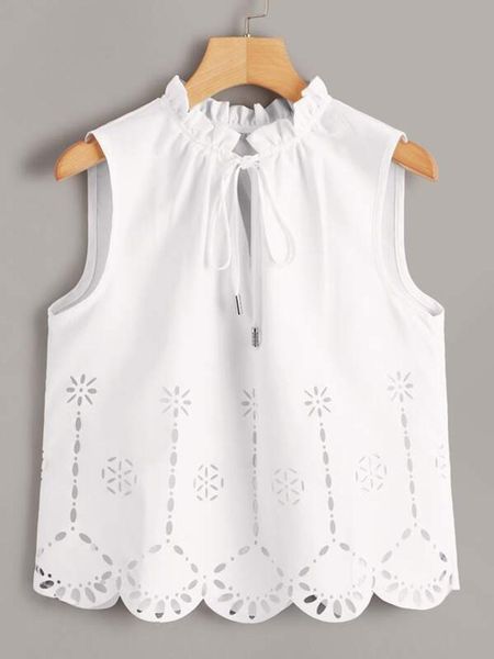 

women's blouses & shirts laser cut tie neck sleeveless top, White