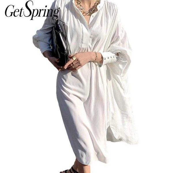 

getspring women dress stand collar lantern sleeve ladies es irregular split long loose casual summer es 210601, Black;gray