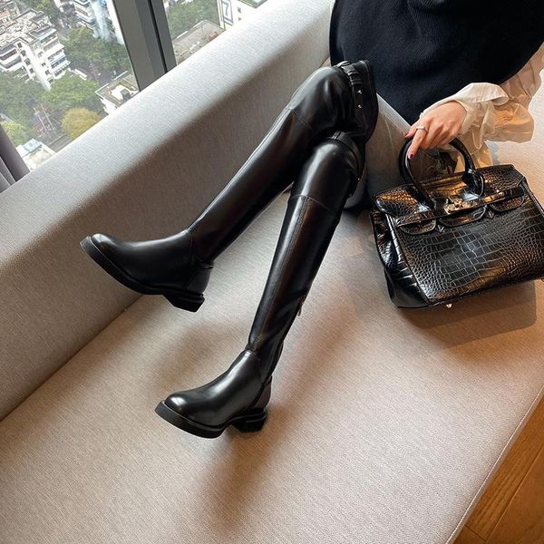 

boots qzyerai women over-the-knee genuine leather modern slip-on solid female comfort elegant outdoor ladies office, Black