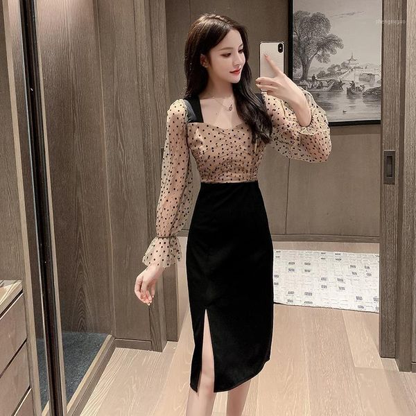 

women's wool & blends 2021 spring gentle wind long sleeve wave dot mesh small black skirt fashion temperament bag hip style split dress