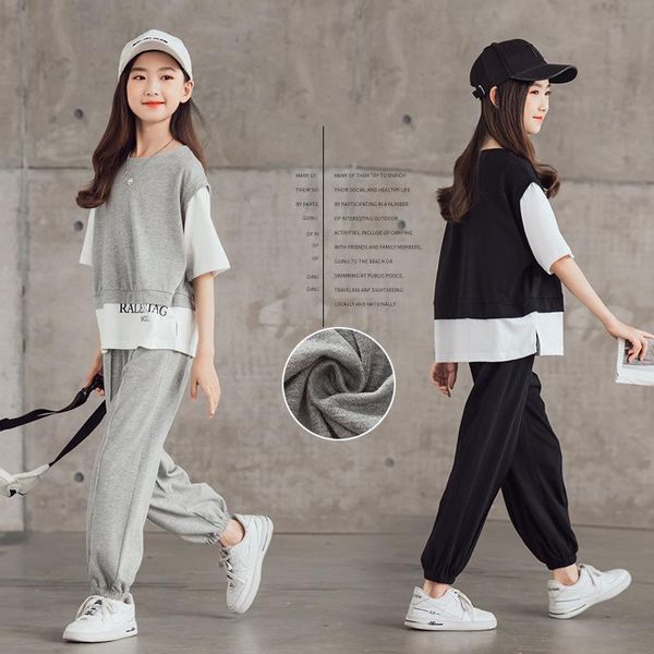 

clothing sets girls clothes summer short sleeve letter sports pullover sweatpants 2pcs cotton 2021 kids tracksuit for children outfit 8 y, White