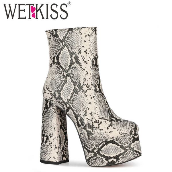

wetkiss fashion snakeskin booties women thick super high heels ankle boots snake print platform shoes woman winter boot big size 210630, Black