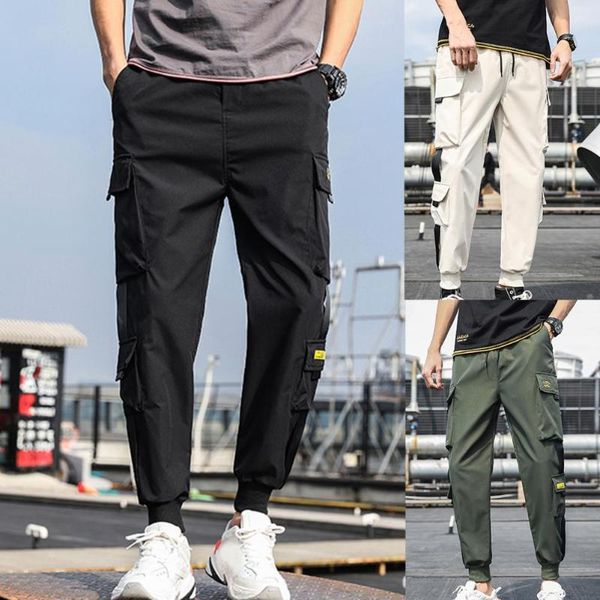 

men's pants casual men solid color trousers male cargo drawstring for daily life, Black