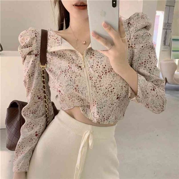 

korean women blouses spring summer sweet blusas fashion o-neck vintage print shirt long sleeve crop shirts 210514, White