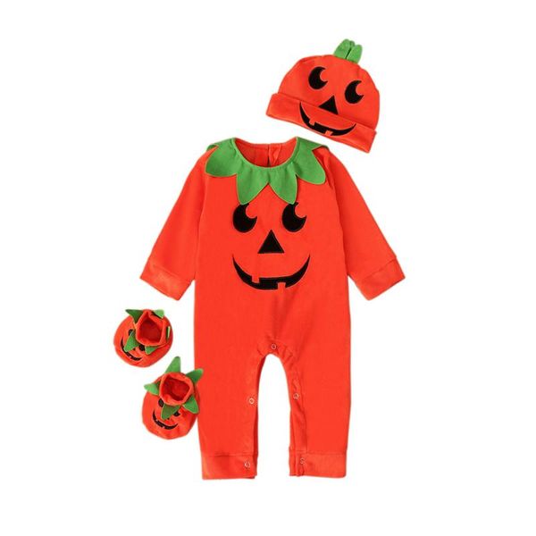

clothing sets baby romper long sleeve round neck crotch button halloween pumpkin loose fall bodysuit for boy girl hat shoes, White