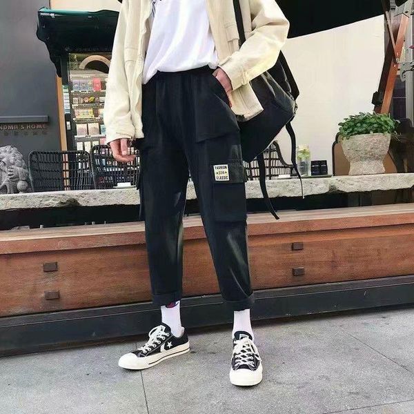 

men's pants casual cargo mens polyester joggers baggy tactical trousers harajuku streetwear hip hop men, Black
