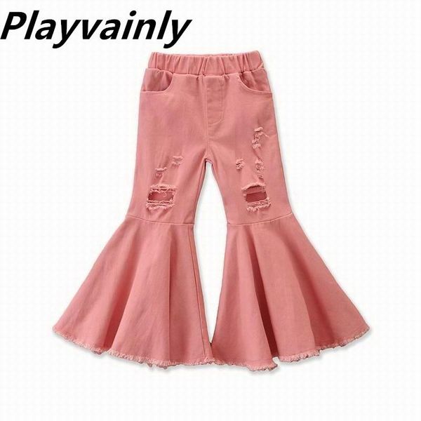 

jeans wholesale girls children pants fashion hole tassel bell-bottom flare pink leopard baby clothes 2-7y e206014, Blue