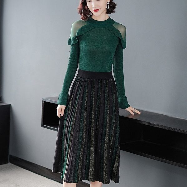 

shiny knit women 2 piece elegant o-neck see through off-the-shoulder ruffles sweater + pleated midi skirt set ol suit p-242, White