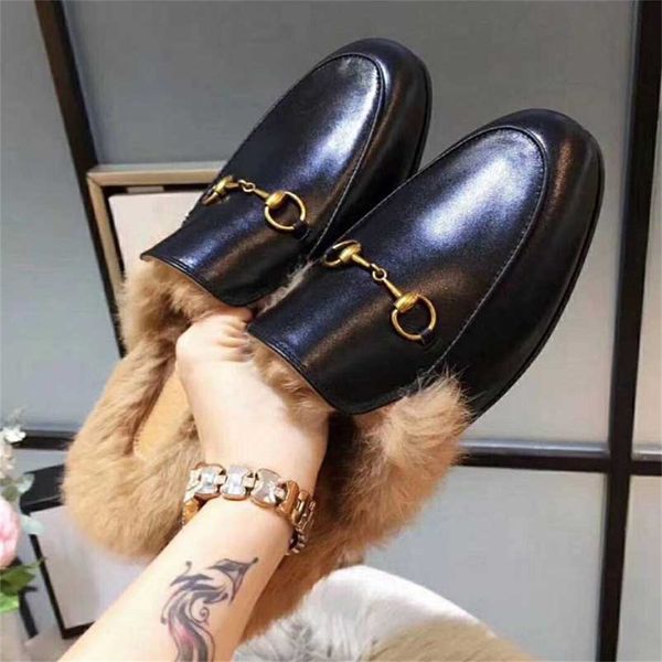 

2022 designer slippers brand fur leather loafers ladies flat suede mule shoes sandals with buckle fashion princetown bee snake tiger women 3, Black