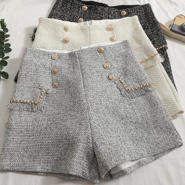 

women's shorts double breasted tweed woolen women high waist autumn winter wide leg booty female beading tassel chores para mujer, White;black