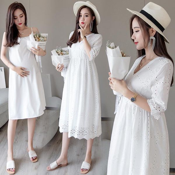 

maternity dresses 2 piece set v neck high waist slim party dress lovely hollow out cotton clothes for pregnant women summer pregnancy, White