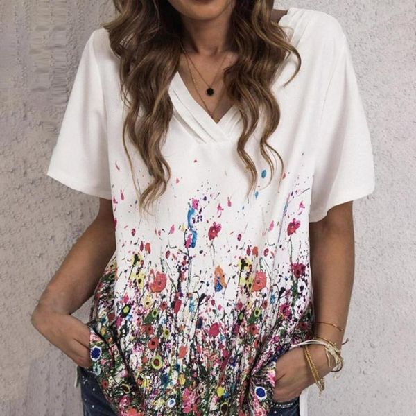 

women's t-shirt short sleeve casual v neck women floral print loose summer, White