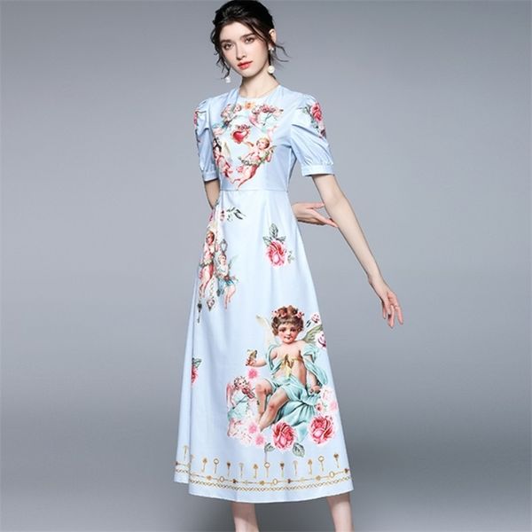 

summer fashion designer vintage dress women puff sleeve printed boho holidays party long robe 210519, Black;gray