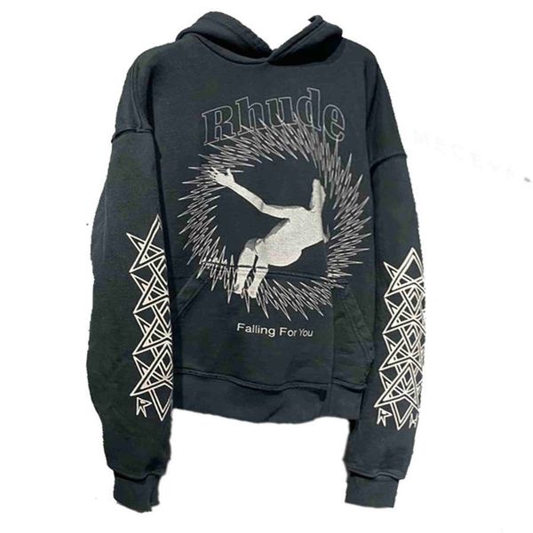 

2021 rhude hoodie men 1 1 autumn winter casual oversize graphic print pullovers falling for you sweatshirts 3ymr, Black