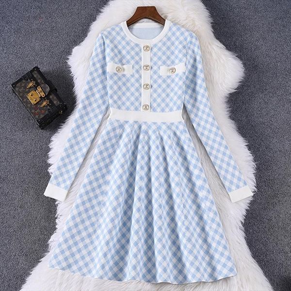 

spring knitted sweater button up women dress korean fashion vintage plaid blue black mini robe femme vestidos, Black;gray