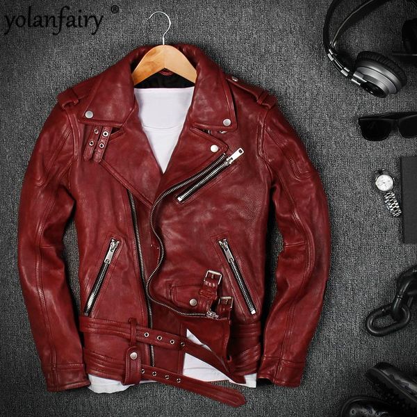 

men's leather & faux genuine jacket men 100% real sheepskin coat for short slim full punk style plus size 2021 spring and autumn 17003, Black