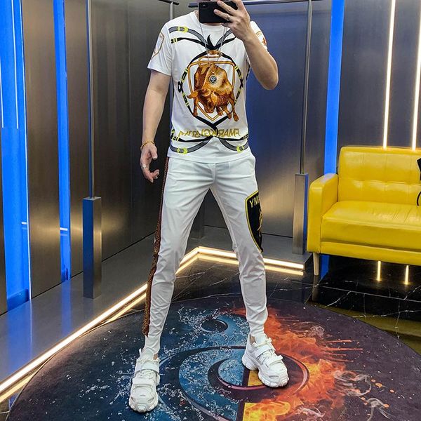 

men's tracksuits summer 2021 european short sleeve trouser casual suit, ironed diamond, taurus print, alphabetized, useful 2-piece su, Gray