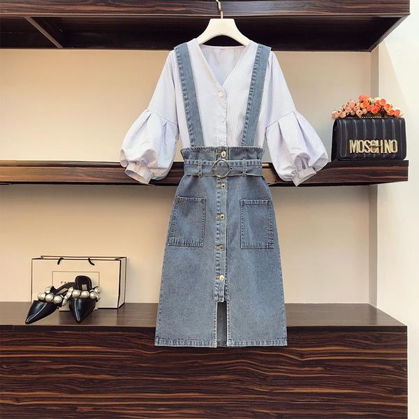 

plus size tracksuits women suspender skirt suit 2021 summer street style lantern sleeve shirt and split denim two piece set cloth, Black