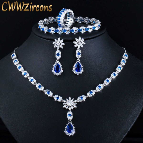 

cwwzircons 4 pcs blue cubic zircon crystal flower drop wedding necklace earring bracelet ring bridal costume jewelry sets t439 h1022, Silver