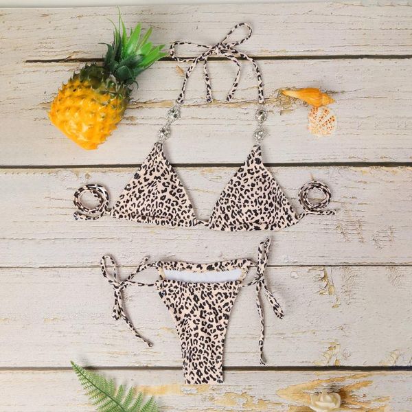 

lace up leopard swimsuit women bikini print two-piece swimwear beachwear set with thongs women's, White;black