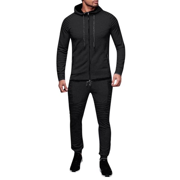 

men's autumn winter casual pocket sweatshirt pants sets sports suit tracksuit hombre, Black