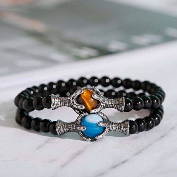 

beaded, strands charm stainless steel dragon claw bracelet men fashion tiger's eye stone beads adjustable jewelry gift, Black