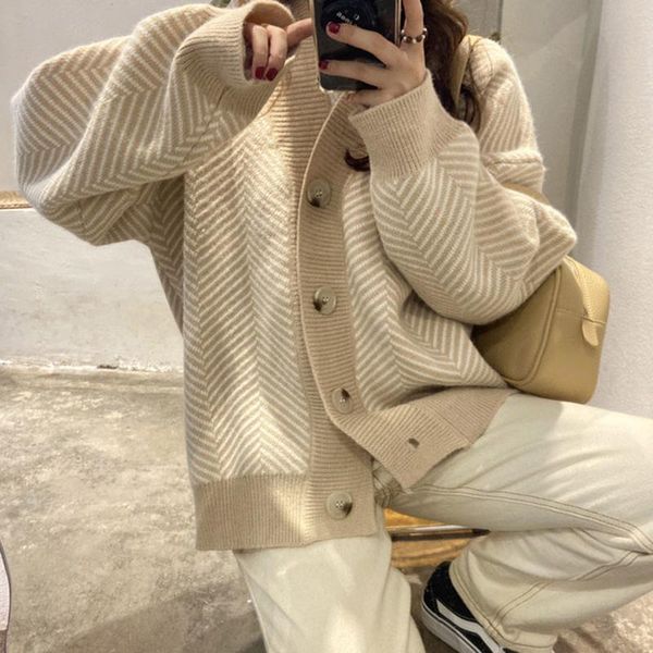 

women's knits & tees korean striped autumn winter knitted sweater women v-neck long sleeve loose vintage jumpers ins knitwear outwear s, White