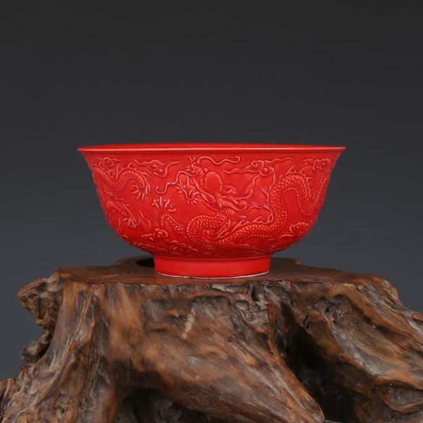 

bowls yongzheng coral red sculpture dragon bowl antique jingdezhen porcelain collection