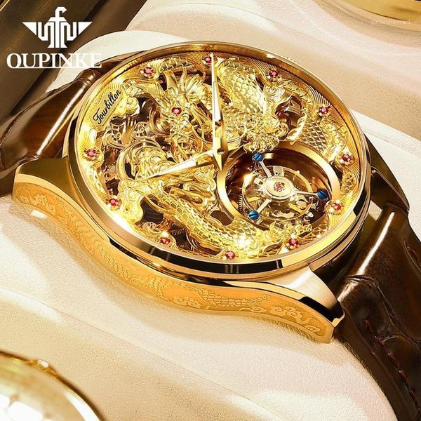 

wristwatches oupinke real tourbillon watches mens mechanical dragon skeleton sapphire leather men luxury business clock, Slivery;brown