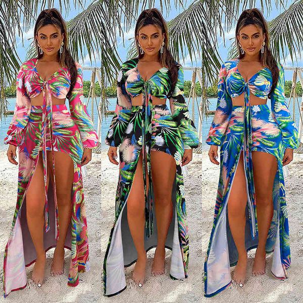 

summer 2021 mo women's beach swimsuit print long sleeve bikini, White;black