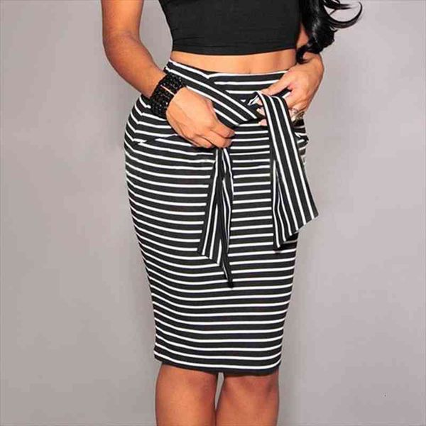 

summer slim tight pencil skirt ladies striped skirt knee tie white black