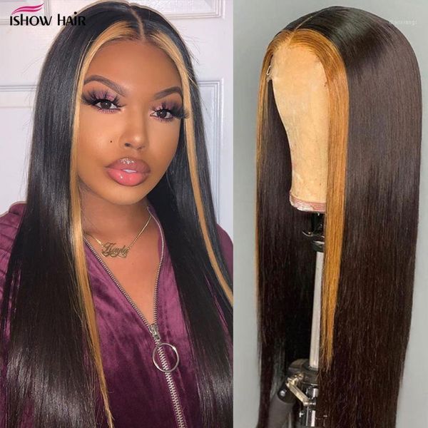 

ishow brown highlight lace front human hair wigs blonde streak 4x4 closure wig brazilian bone straight for women1, Black;brown