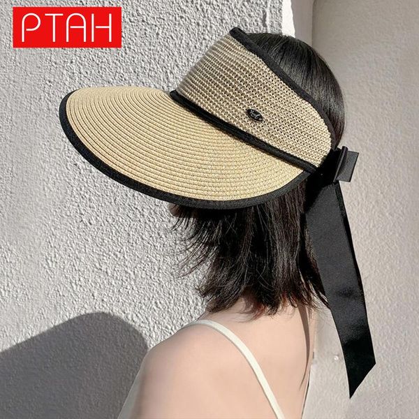 

wide brim hats [ptah] fashion sun women's roll-up straw lightweight foldable beach breathable protection easy to carry, Blue;gray