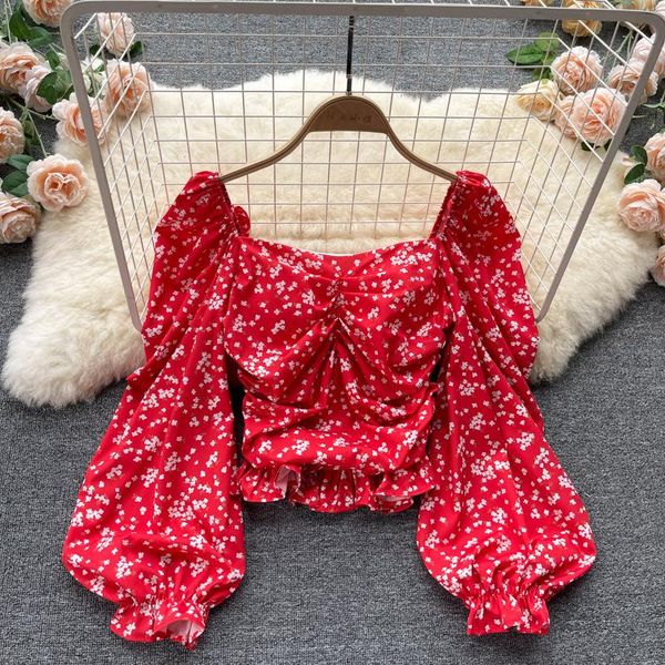 

women's blouses & shirts jastie fashion autumn pure color floral print square neck puff sleeve pleated retro casual, White