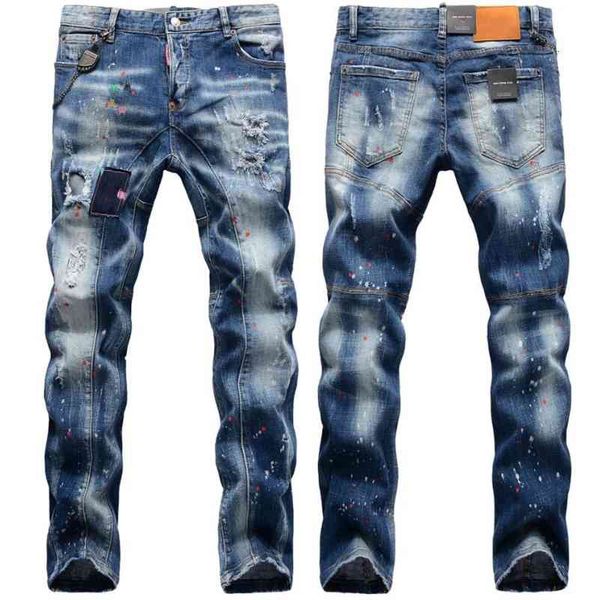 

men's pants men holes denim jeans straight fit long high street style male stretch casual light blue trousers 38 eifo, Black