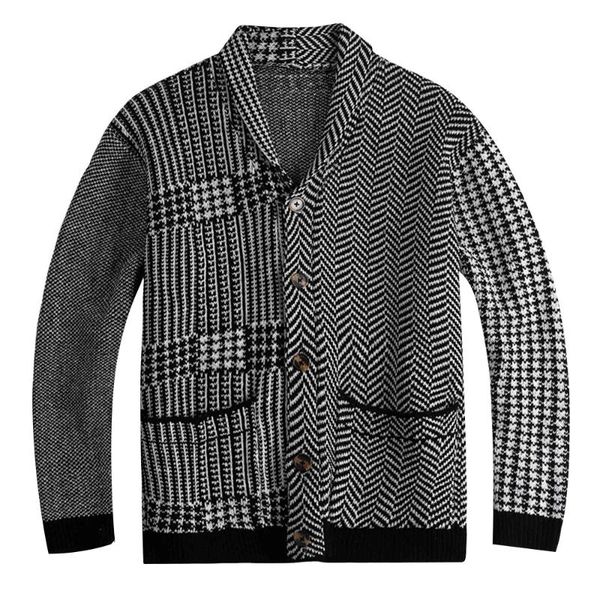 

Men's Sweaters Autumn Winter Jacquard Contrast Color Knitted Sweater Button Long-sleeved Cardigan Jacket SY0035, White;black
