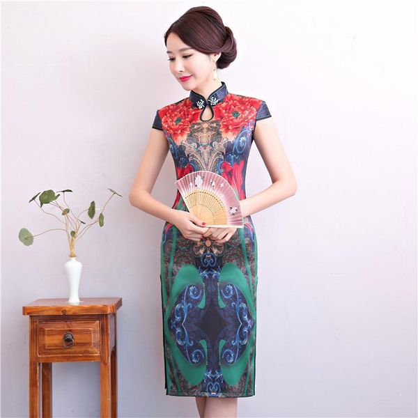 

spring & summer cheongsam long short-sleeved retro dress improved small fresh daily factory ethnic clothing, Red
