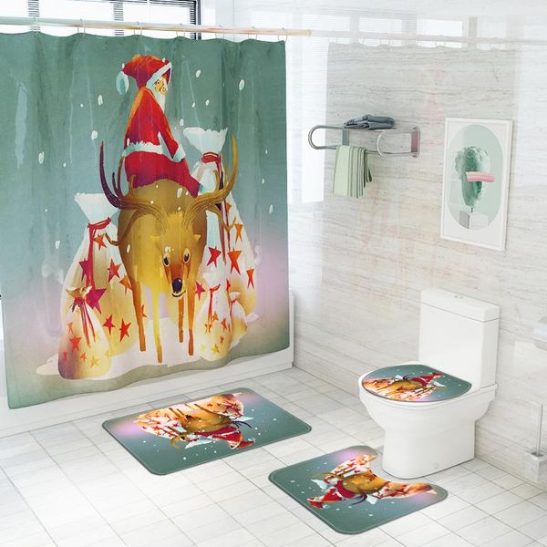 

shower curtains santa claus cartoon curtain print bathroom non-slip animal bath mat toilet cover rug carpet set christmas festival decor
