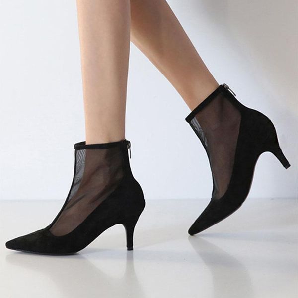 

boots 2021 women's fashion pointy mesh cool stiletto high heel short, Black