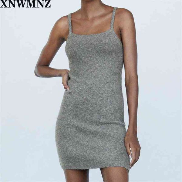 

women vintage mini knit dress straight neckline and thin strapsfemale casual dresses 210520, Black;gray