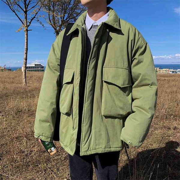 

boyfriend style parkas solid turn-down collar big pockets all-match loose korean harajuku winter coat fashion streetwear 210519, Black