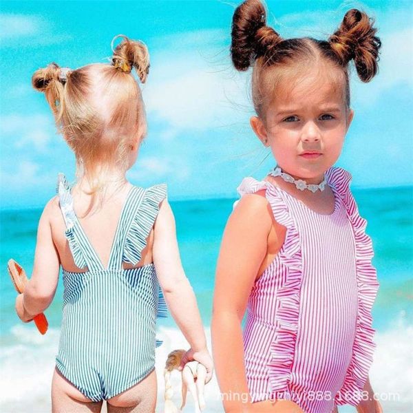 

children's suit selling one piece fashion card sweet cute striped children's swimsuit, Black