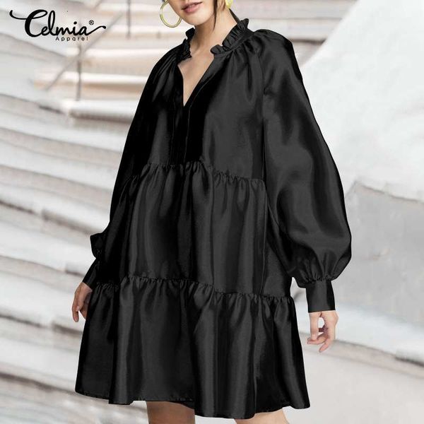 

dresses women casual loose ruffles patchwork mini dresses celmia 2021 spring satin a-line vestido fashion v-neck lantern sleeve robe 7, Black;gray