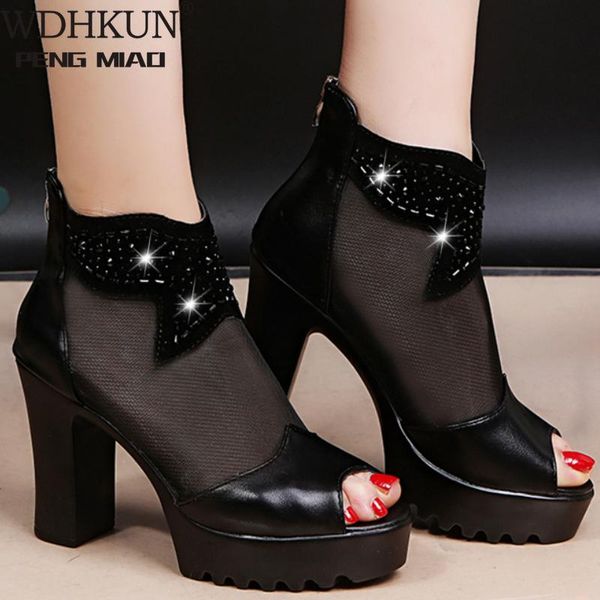 

sandals summer women crystal platform square high heel peep toe breathable dress wedding female ladies shoes zapatos de mujer, Black