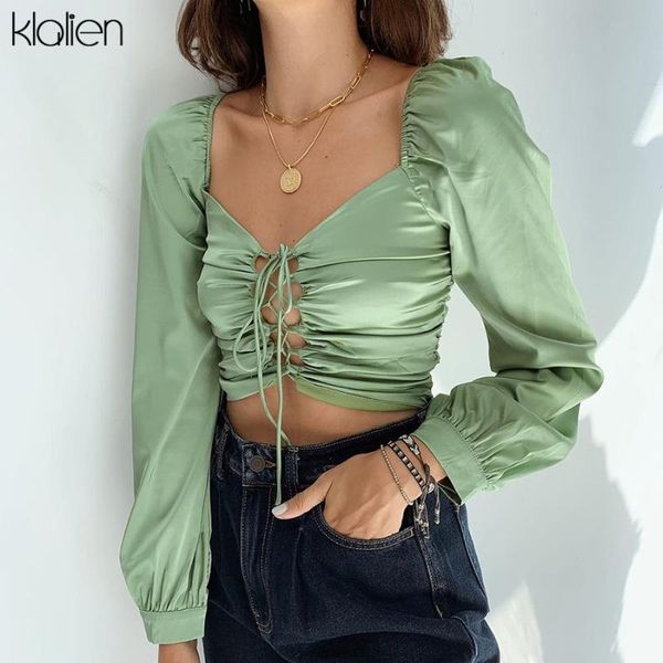 

women's t-shirt klalien fashion elegant french romantic solid white long sleeve chiffon female t shirt 2021 spring simple office lady t