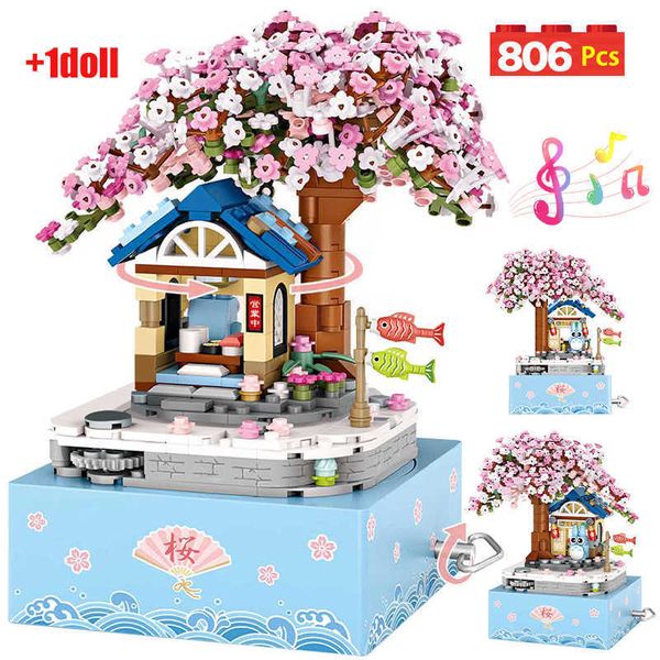 806 PCS City Creator Mini Cerejeira Flores Rotating Music Box Blocos de construção Amigos Casa de árvore Figuras Brinquedos Brinquedos para Meninas q0823