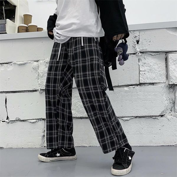 

women's pants & capris women harajuku plaid korean fashion wide leg streetwear checked trousers jokers casual black, Black;white