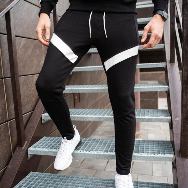 

men's pants tide stitching small feet trousers sports and leisure slim straight elastic, Black