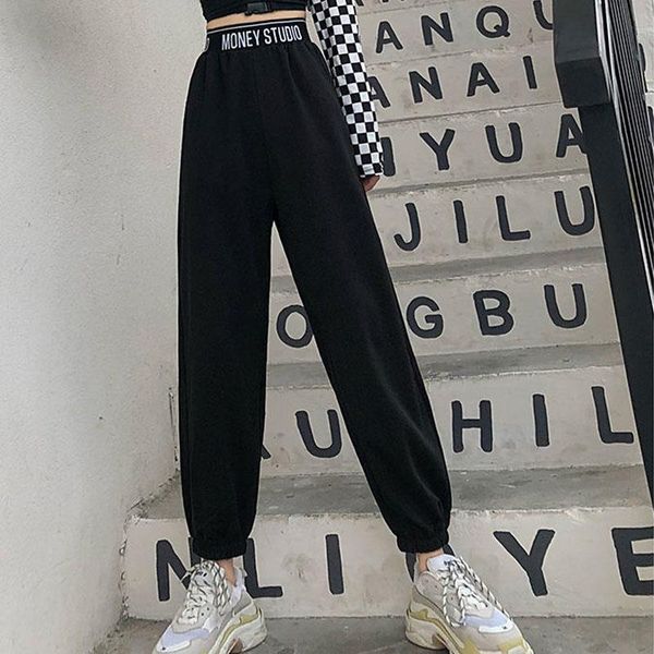 

casual harem fashion womens pants high waist letter print cargo hip hop ninth trousers black loose sport, Black;white