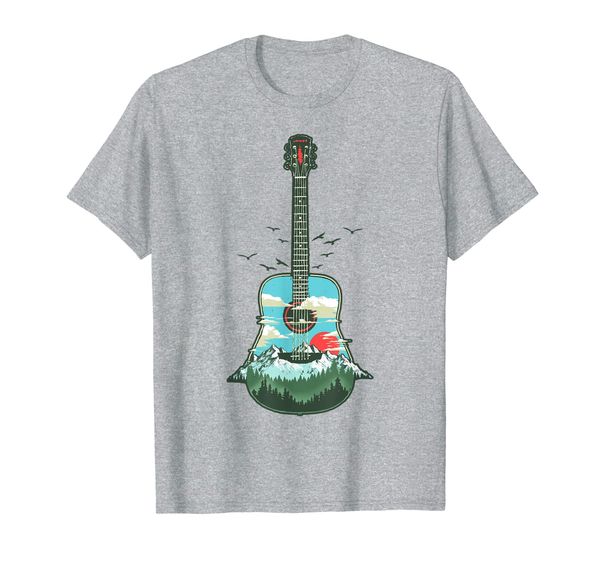 

beautiful acoustic guitar mountains, forest nature graphic t-shirt, White;black